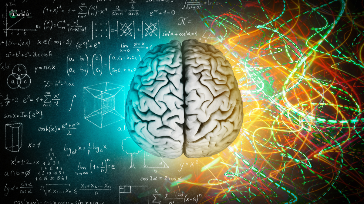 A human brain with mathematical formulas on one side and colorful neural energy on the other.