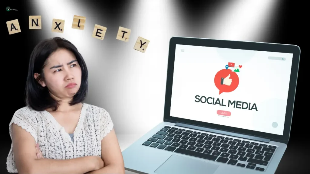 Woman looking stressed at a laptop with "Social Media" and "Anxiety" on the screen.