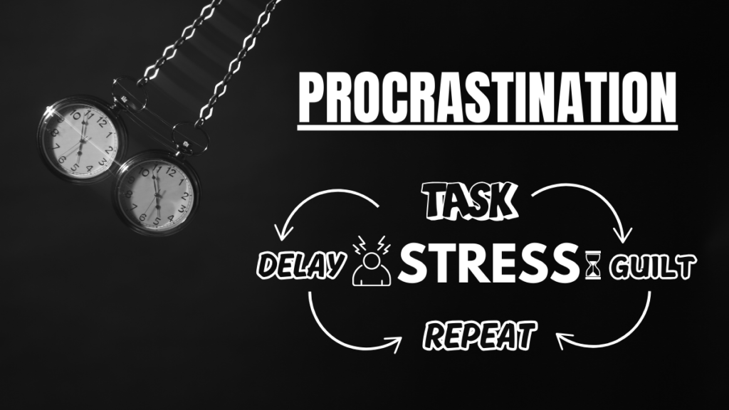 Procrastination cycle with clocks and task-delay-stress-repeat loop