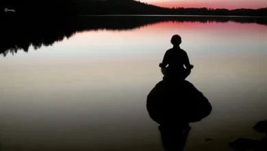 Silhouette of a person meditating on a rock in a calm lake during sunset.