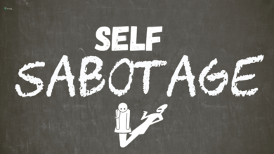 Self-Sabotage" text with a stick figure kicking itself.