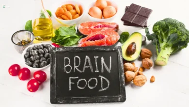 Brain-boosting foods with "Brain Food" written on a chalkboard.