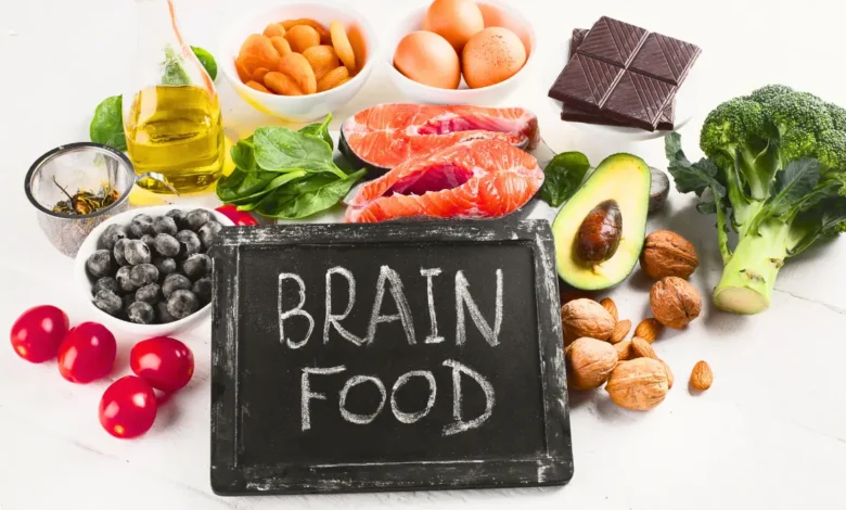 Brain-boosting foods with "Brain Food" written on a chalkboard.