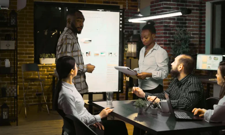A professional team engaged in a business presentation in a modern office setting, collaborating on project ideas.