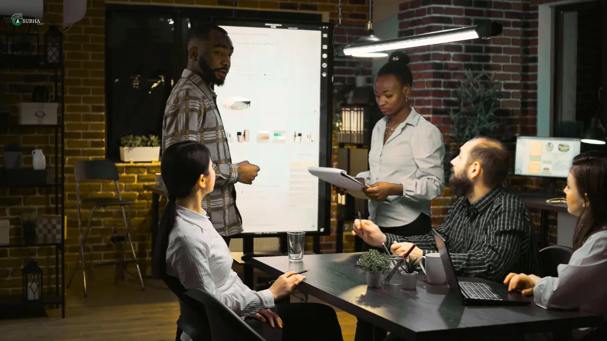 A professional team engaged in a business presentation in a modern office setting, collaborating on project ideas.