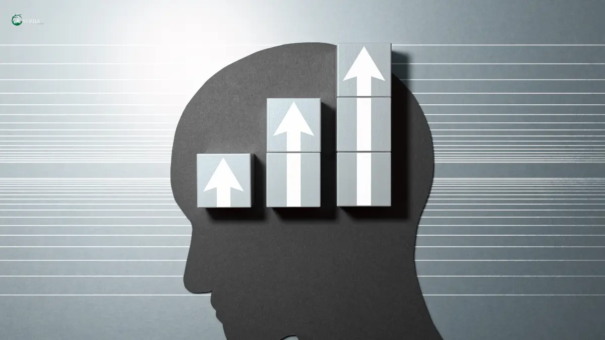 Silhouette of a head with ascending bar graph blocks symbolizing cognitive growth.