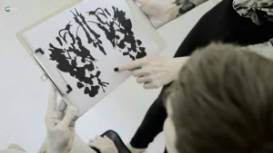 A person pointing at a Rorschach inkblot test on a clipboard while discussing with another individual.