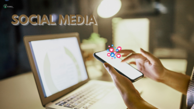 Person using a smartphone with social media icons floating above the screen.