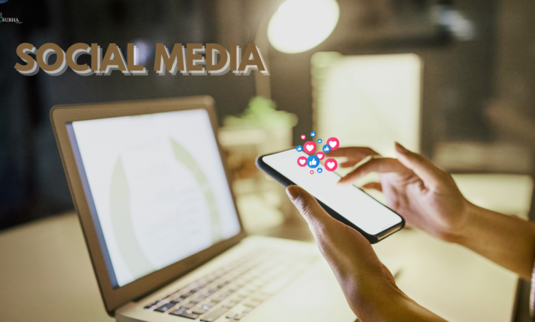 Person using a smartphone with social media icons floating above the screen.