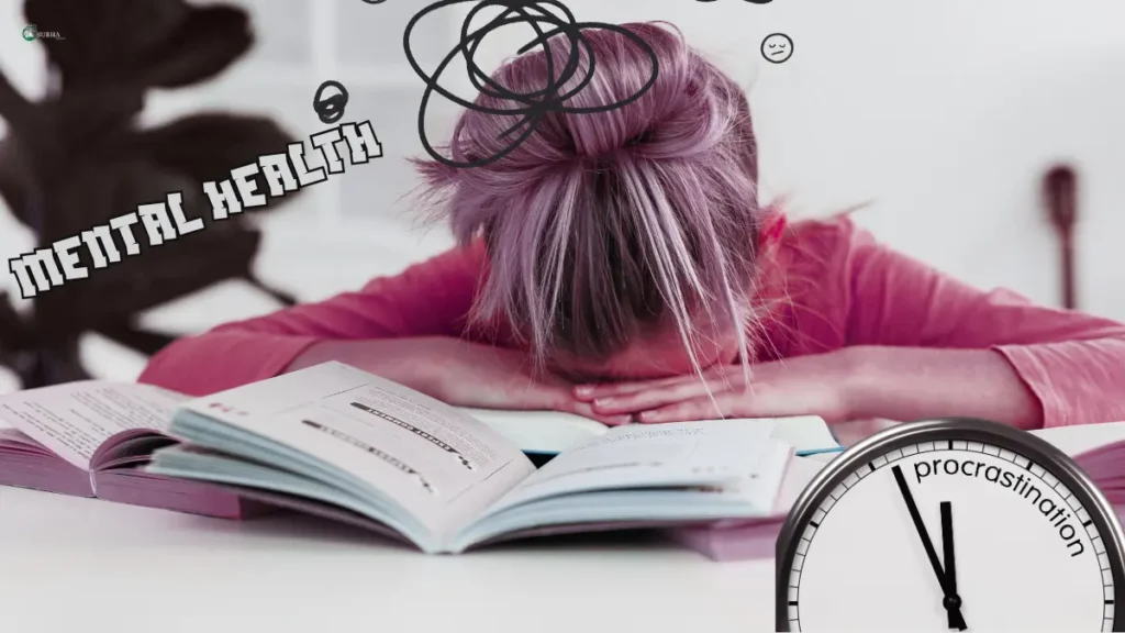 Stressed girl with head on books, 'Mental Health' text, and a clock showing 'Procrastination