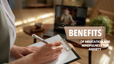 Person taking notes with 'Benefits of Meditation and Mindfulness for Anxiety' text overlay