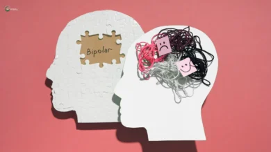Illustration of bipolar disorder with tangled emotions and mood swings symbolized by yarn and puzzle pieces.