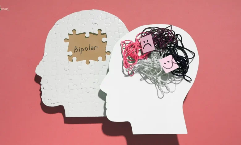 Illustration of bipolar disorder with tangled emotions and mood swings symbolized by yarn and puzzle pieces.