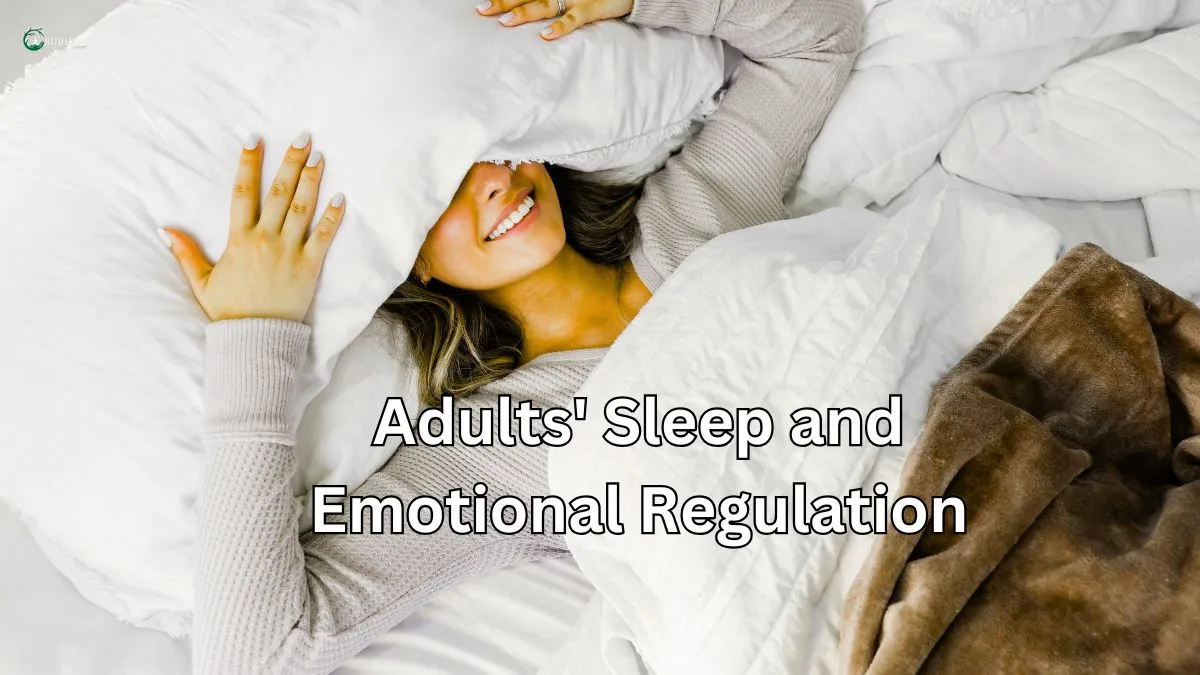 A smiling woman lying in bed under white blankets, symbolizing restful sleep and emotional well-being.