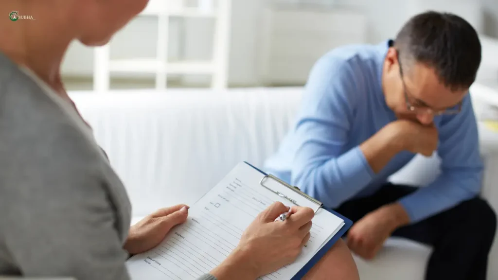 Man undergoing psychological therapy session for mood disorder with a professional therapist