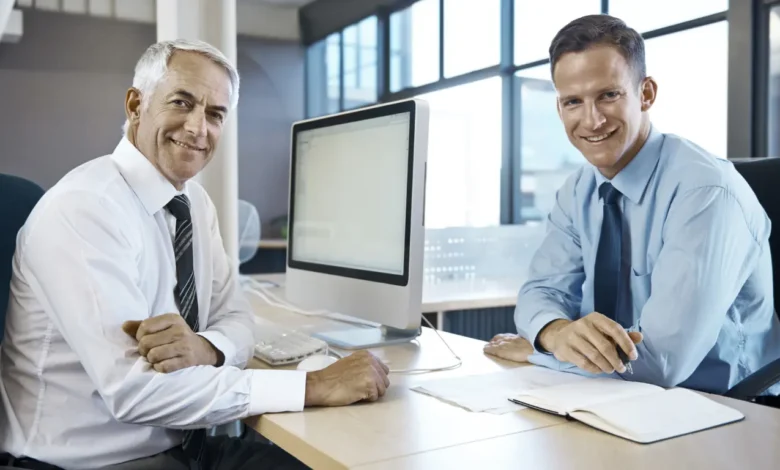 Businessmen discussing mental health myths and AI solutions in office